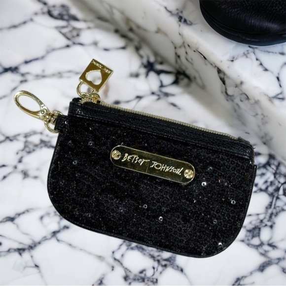 Betsey Johnson Zip Coin Wallet Keychain Sequined Black ID Purse 5.75” x 3.5” - Picture 1 of 8